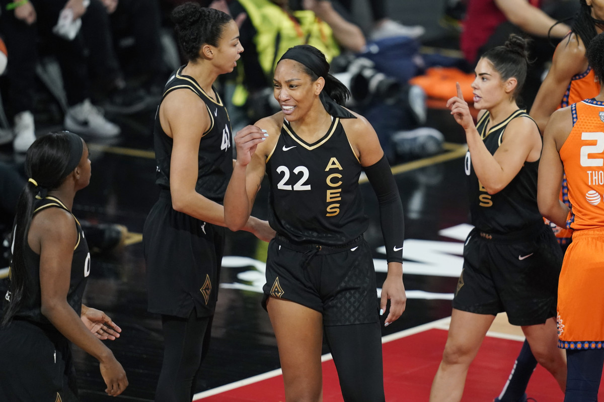 Las Vegas Aces forward A'ja Wilson (22) reacts after a play against the Connecticut Sun during the first half in Game 2 of a WNBA basketball final playoff series Tuesday, Sept. 13, 2022, in Las Vegas.