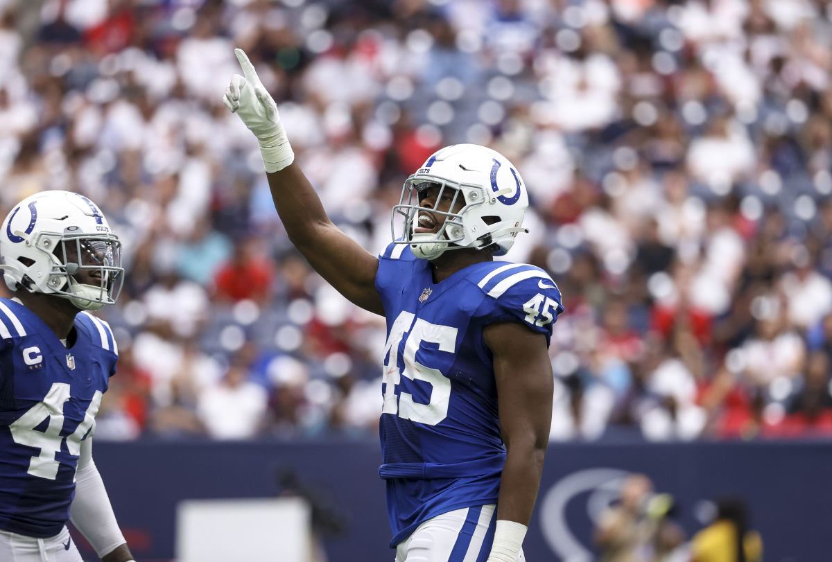 Sep 11, 2022; Houston, Texas, USA; Indianapolis Colts linebacker E.J. Speed (45) reacts after a play during the game against the Houston Texans at NRG Stadium. Mandatory Credit: Troy Taormina-USA TODAY Sports