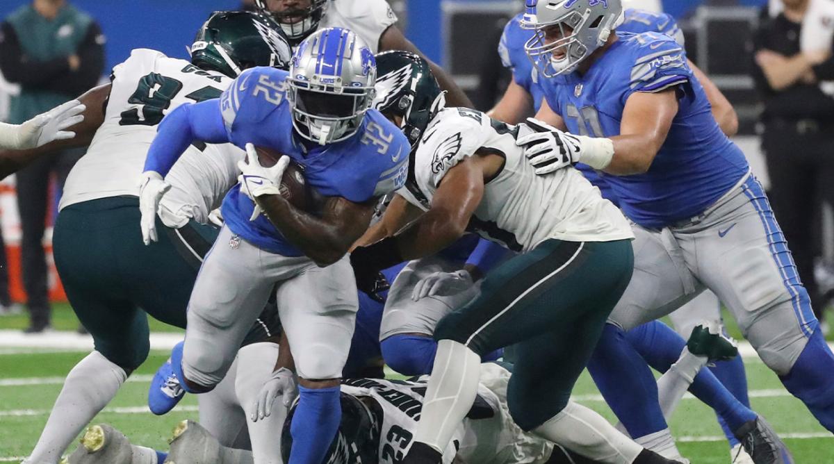 Detroit Lions running back D’Andre Swift runs the ball against the Philadelphia Eagles during the first half at Ford Field, Sept. 11, 2022. Nfl Philadelphia Eagles At Detroit Lions
