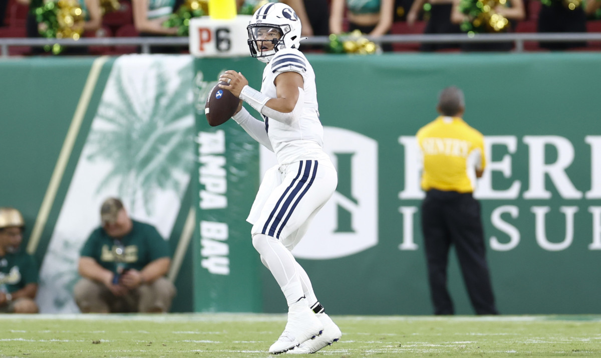 BYU quarterback Jaren Hall loads up to pass against the University of Southern Florida.
