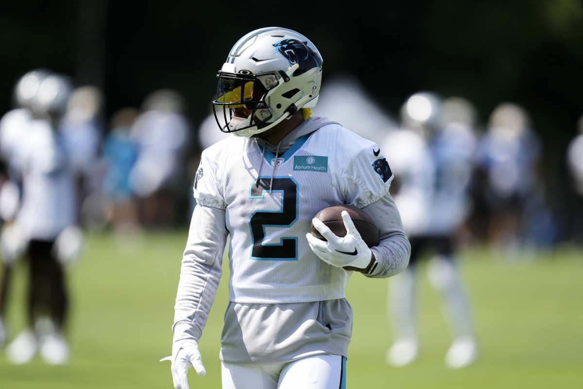 Jul 28, 2022; Spartanburg, SC, USA; Carolina Panthers wide receiver D.J. Moore (2) during the third day of training camp at Wofford College.