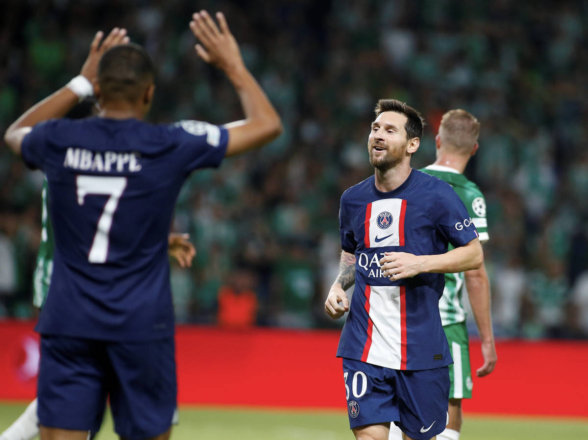 Lionel Messi (right) pictured after scoring for PSG against Maccabi Haifa in September 2022