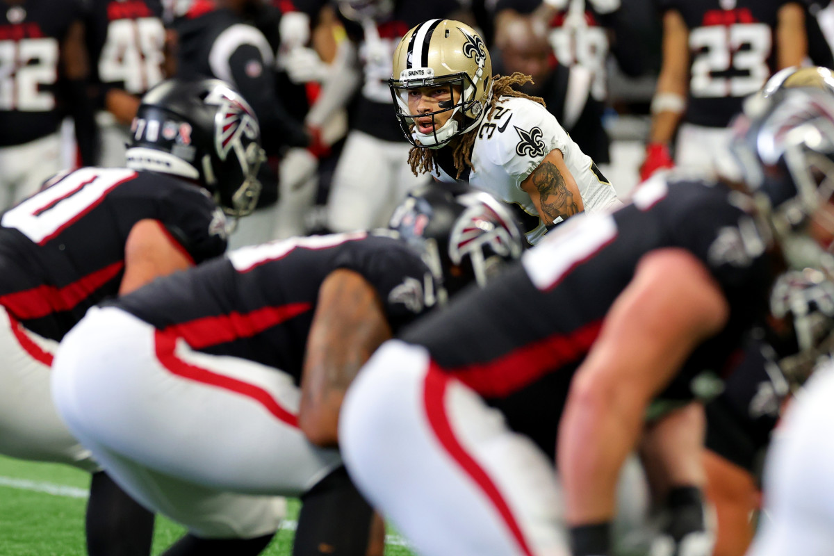 Tyrann Mathieu looks across the line of scrimmage during his first game with the Saints