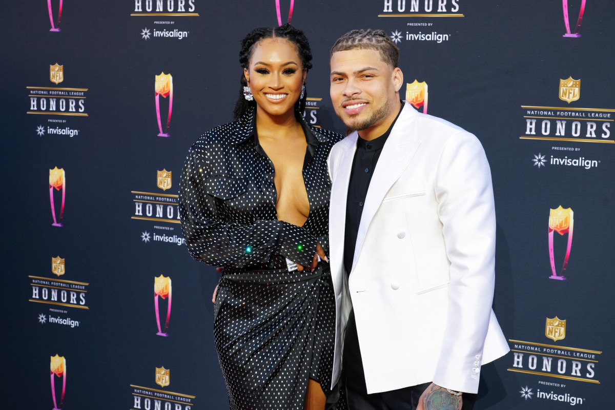 Tyrann Mathieu and his fiancé, Sydni Russell, pose for a photo before NFL Honors