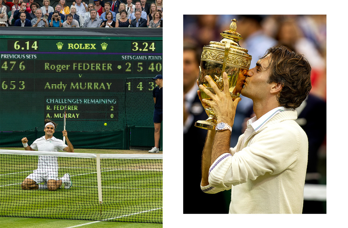 Federer beats Andy Murray in the 2012 Wimbledon final .