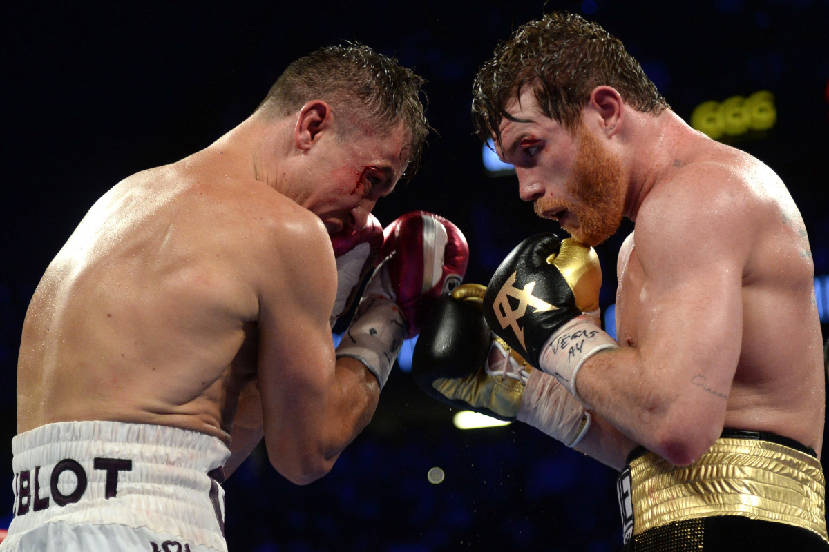 Canelo Alvarez (black trunks) and Gennady Golovkin (white trunks) box in the middleweight world championship boxing match at T-Mobile Arena. Alvarez won via majority decision.