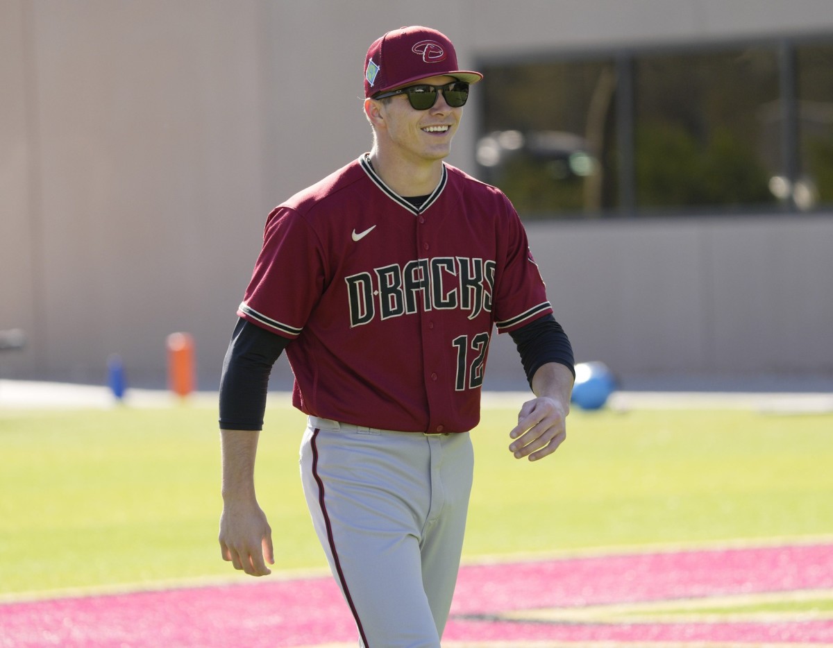 Drey Jameson smiles while participating at Minor League camp.