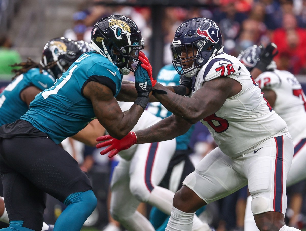 Houston Texans offensive tackle Laremy Tunsil (78) guards against Jacksonville Jaguars linebacker Josh Allen (41) during the game at NRG Stadium.