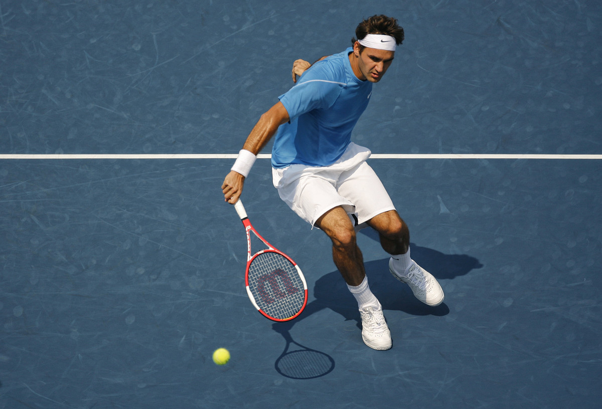 Roger Federer returns a volley during the 2006 U.S. Open.