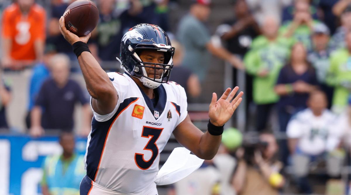 Sep 12, 2022; Seattle, Washington, USA; Denver Broncos quarterback Russell Wilson (3) passes against the Seattle Seahawks during the first quarter at Lumen Field.
