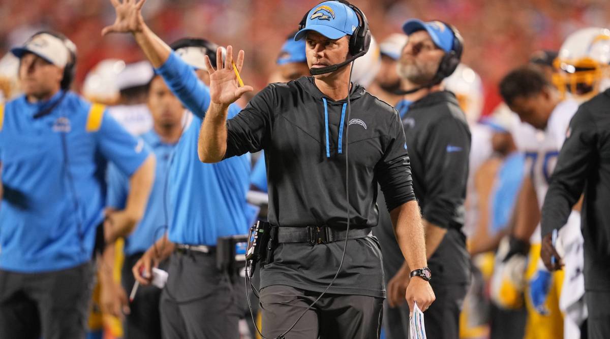 Chargers head coach Brandon Staley calls out a play in a game vs. Kansas City.