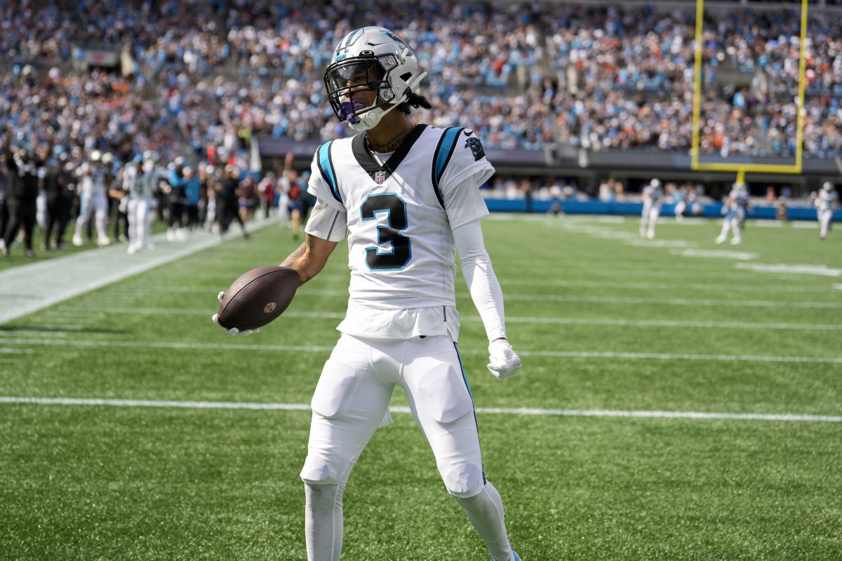 Sep 11, 2022; Charlotte, North Carolina, USA; Carolina Panthers wide receiver Robbie Anderson (3) celebrates a score in the end zone during the second half against the Cleveland Browns at Bank of America Stadium.