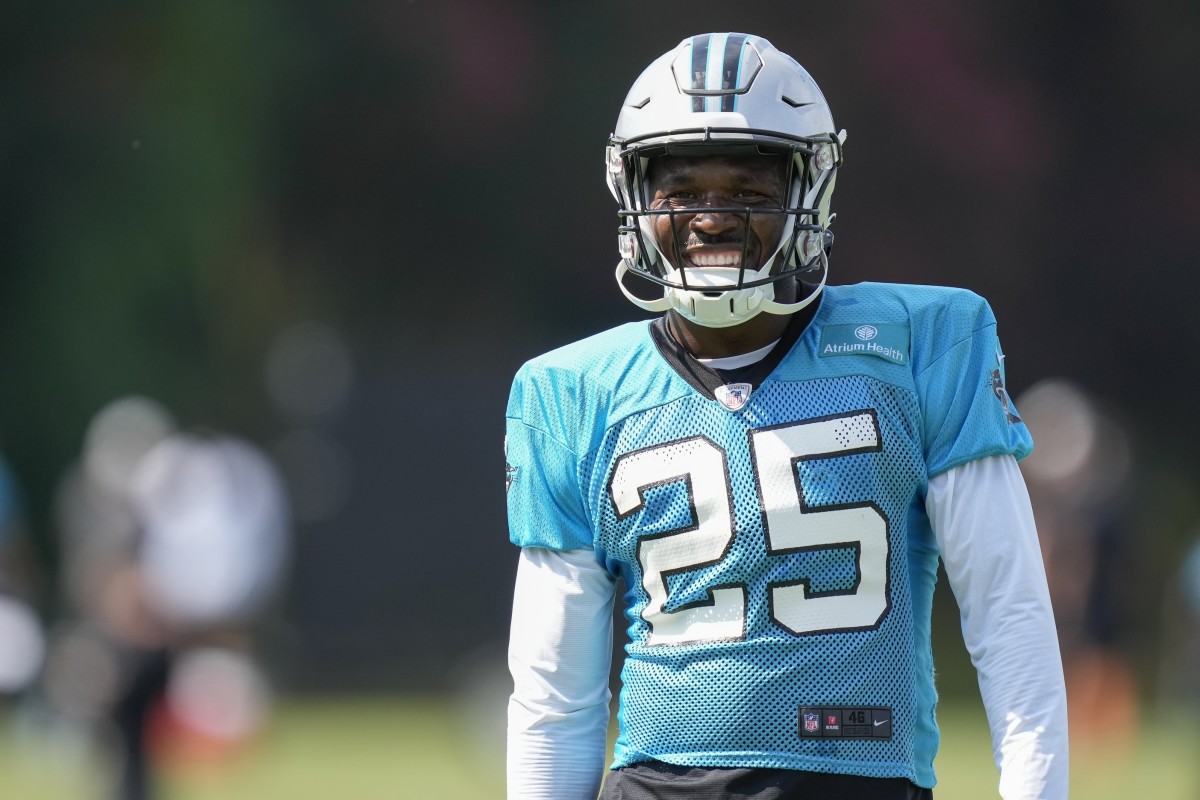 Jul 28, 2022; Spartanburg, SC, USA; Carolina Panthers safety Xavier Woods (25) during the third day of training camp at Wofford College.