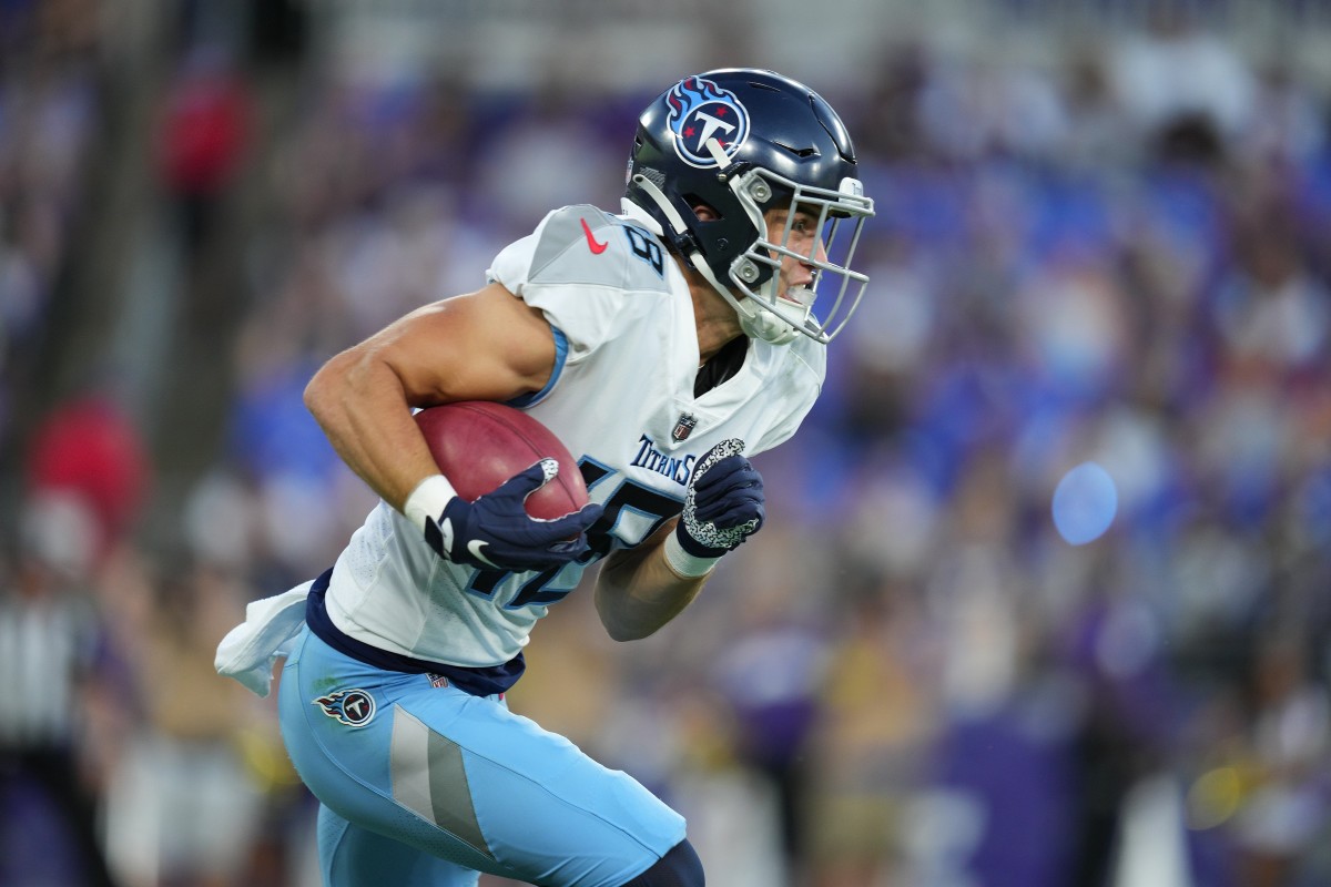 Tennessee Titans wide receiver Kyle Philips (18) runs during the first quarter of a preseason game against the Baltimore Ravens at M&T Bank Stadium.