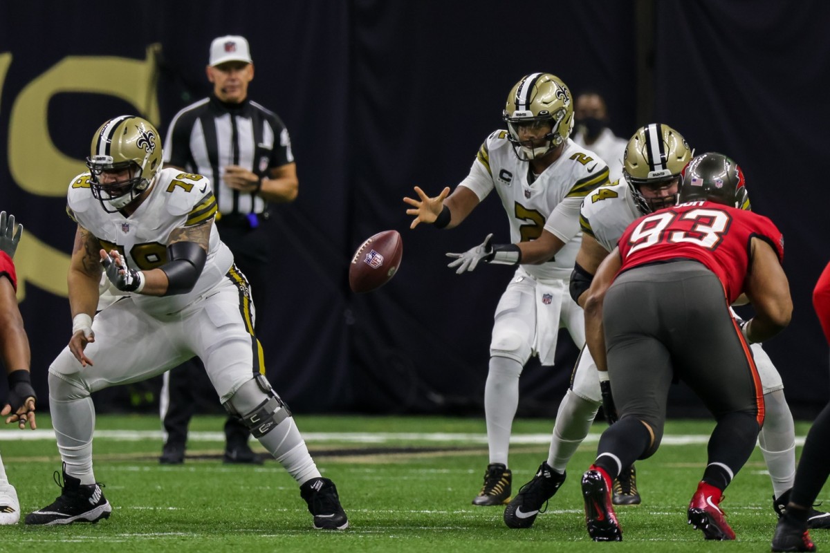 Oct 31, 2021; New Orleans Saints quarterback Jameis Winston (2) takes the snap against the Tampa Bay Buccaneers. Mandatory Credit: Stephen Lew-USA TODAY
