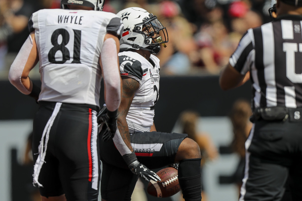 Sep 17, 2022; Cincinnati, Ohio, USA; Cincinnati Bearcats running back Corey Kiner (2) reacts after scoring a touchdown against the Miami Redhawks in the first half at Paycor Stadium. Mandatory Credit: Katie Stratman-USA TODAY Sports