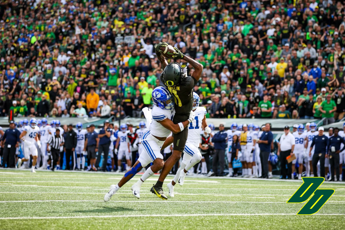 Oregon wide receiver Troy Franklin hauls in a pass against No. 12 BYU.