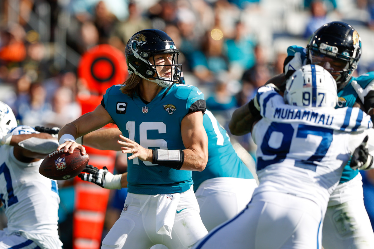 Jan 9, 2022; Jacksonville, Florida, USA; Jacksonville Jaguars quarterback Trevor Lawrence (16) drops back to pass in the second quarter against the Indianapolis Colts at TIAA Bank Field.