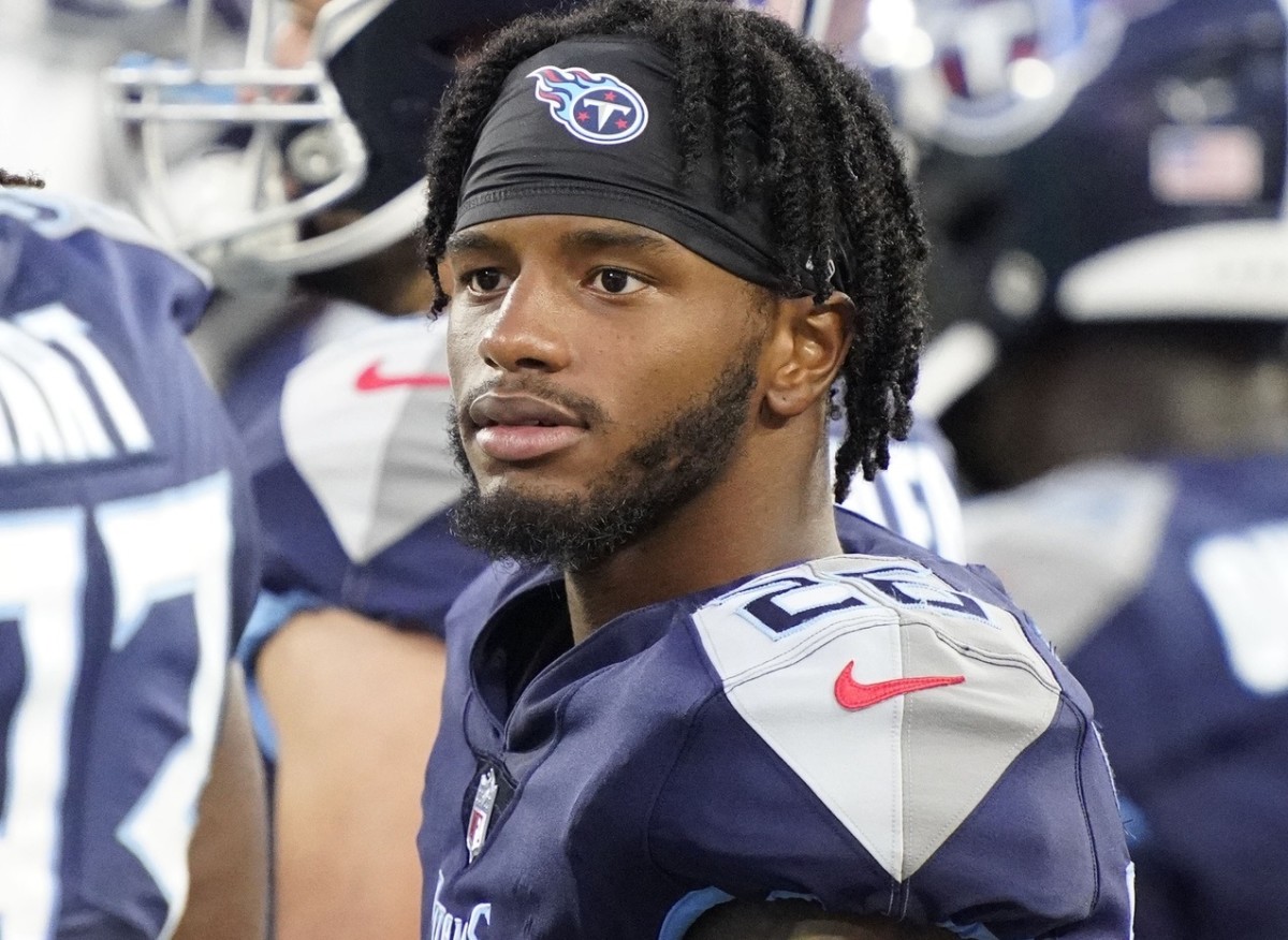Tennessee Titans cornerback Kristian Fulton (26) looks on during the second quarter of a preseason game against the Tampa Bay Buccaneers at Nissan Stadium.