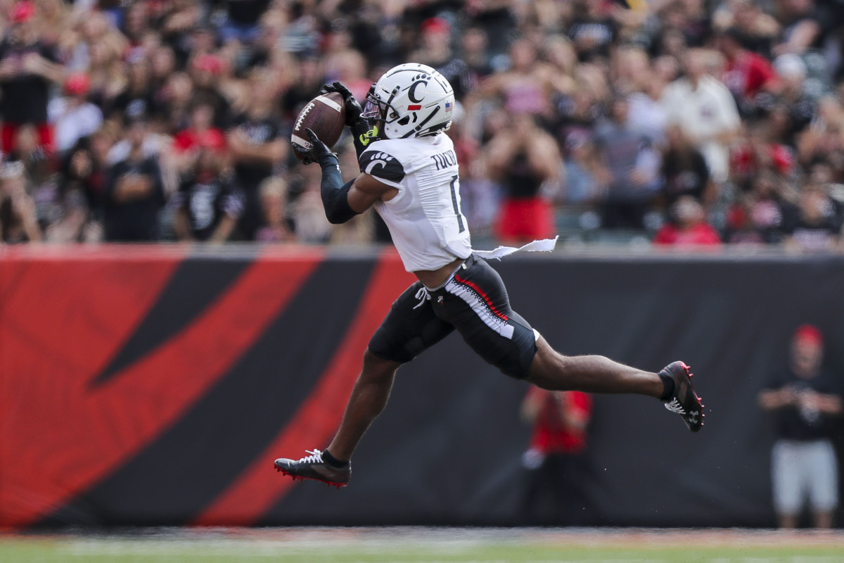 Sep 17, 2022; Cincinnati, Ohio, USA; Cincinnati Bearcats wide receiver Tre Tucker (1) catches a pass against the Miami Redhawks in the first half at Paycor Stadium. Mandatory Credit: Katie Stratman-USA TODAY Sports