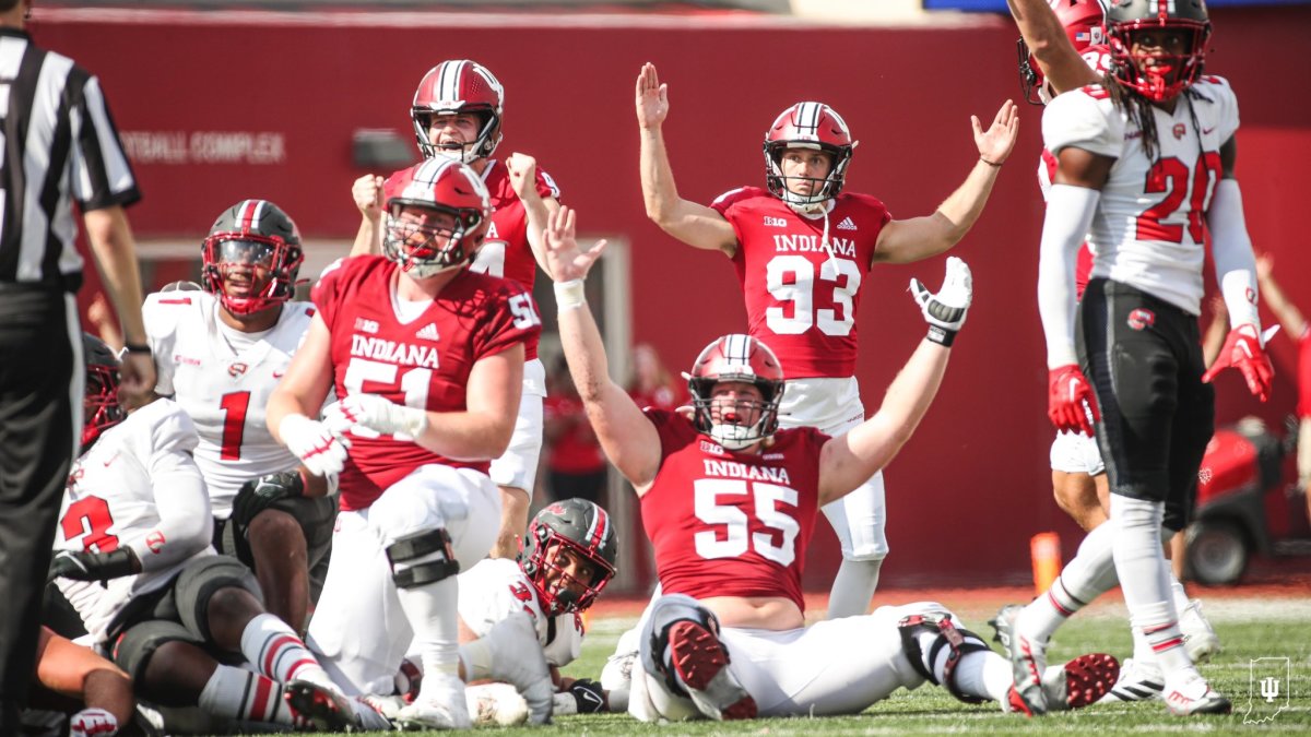 Caleb Murphy (55) reacts to Indiana kicker Charles Campbell's (93) game-winning 51-yard field goal against Western Kentucky on Sept. 17 at Memorial Stadium in Bloomington, Ind.
