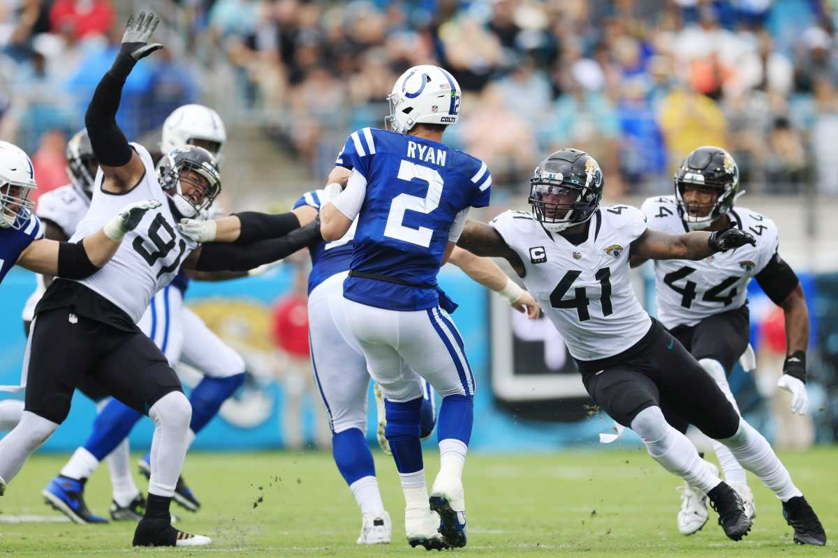 Indianapolis Colts quarterback Matt Ryan (2) is sacked on the play by Jacksonville Jaguars linebacker Josh Allen (41) as defensive end Dawuane Smoot (91) helps during the second quarter of a regular season game Sunday, Sept. 18, 2022 at TIAA Bank Field in Jacksonville.