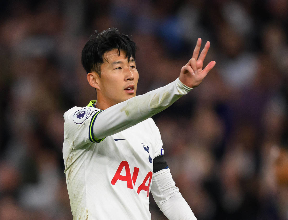 Son Heung-min pictured celebrating after scoring three goals for Tottenham in a 6-2 win over Leicester City in September 2022