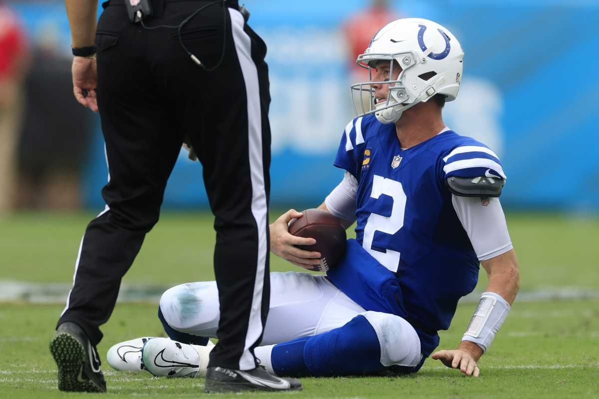 Indianapolis Colts quarterback Matt Ryan (2) looks on after getting sacked during the second quarter of a regular season game Sunday, Sept. 18, 2022 at TIAA Bank Field in Jacksonville. [Corey Perrine/Florida Times-Union] Fooball American Football Gridiron Football Nfl Colts Indianapolis Jacksonville Jaguars Regular Season Home Opener 2022