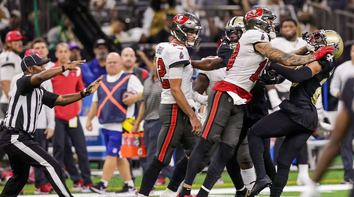 Sep 18, 2022; New Orleans, Louisiana, USA; New Orleans Saints cornerback Marshon Lattimore (23) and safety Marcus Maye (6) get into a penalty with Tampa Bay Buccaneers wide receiver Mike Evans (13) and they are ejected after the play during the second half at Caesars Superdome.