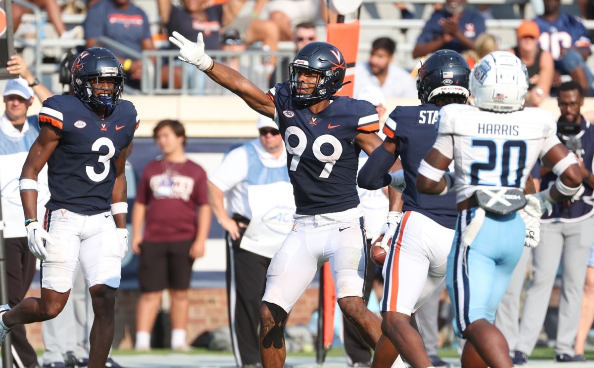 Virginia Cavaliers receiver Keytaon Thompson celebrates after converting a first down against the Old Dominion Monarchs.