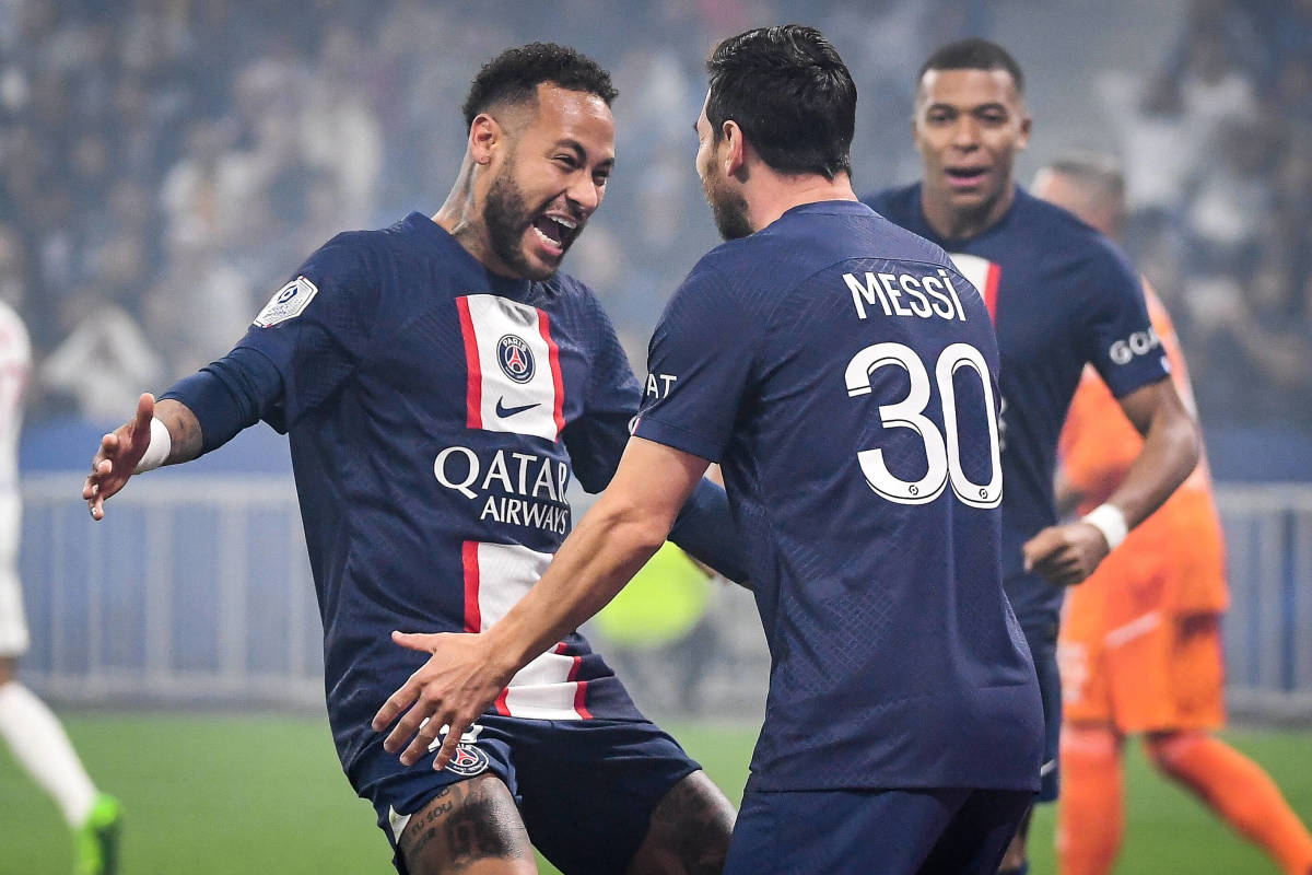 Lionel Messi (no.30) pictured celebrating after scoring the 672nd non-penalty goal of his career in PSG's 1-0 win over Lyon in September 2022