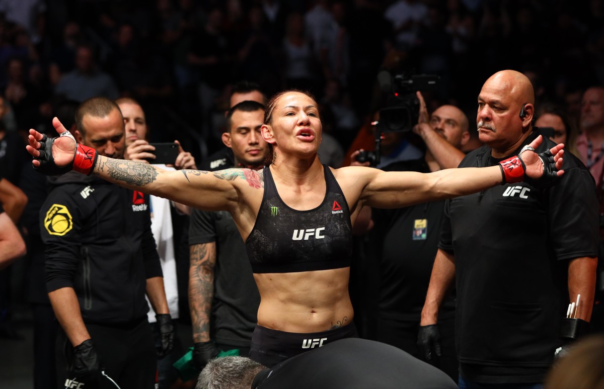 Cris Cyborg is introduced before fighting Felicia Spencer during UFC 240 at Rogers Place.