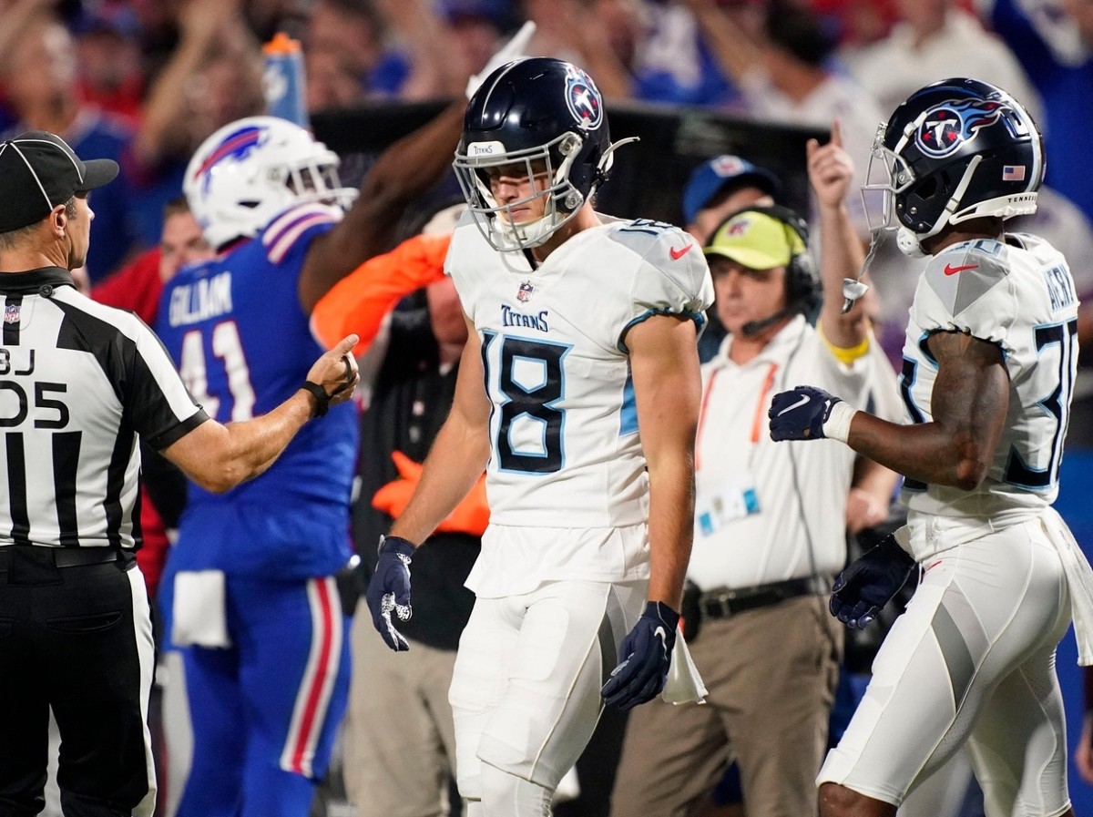 Tennessee Titans wide receiver Kyle Philips (18) leaves the field after botching a punt against the Bills during the third quarter at Highmark Stadium Monday, Sept. 19, 2022, in Orchard Park, New York.