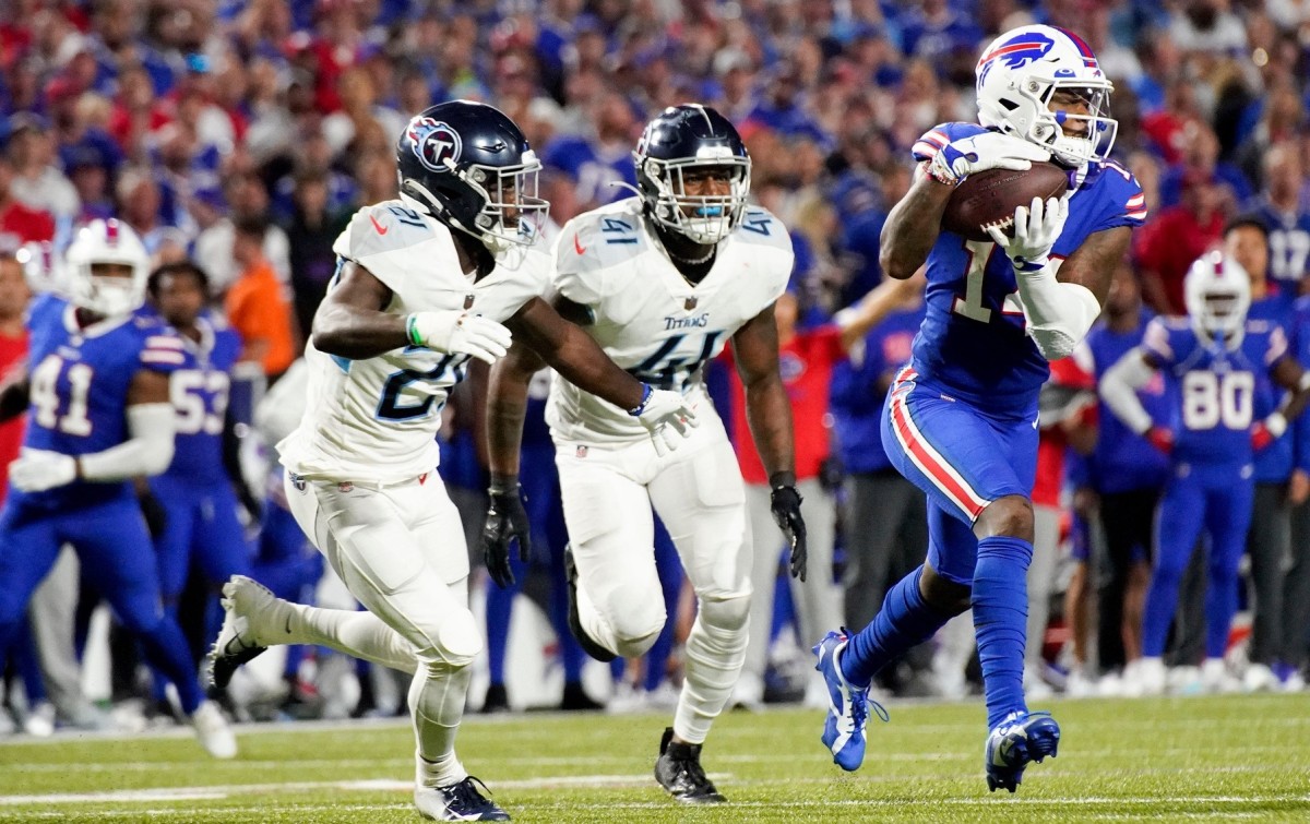 Buffalo Bills wide receiver Stefon Diggs (14) pulls in a first down catch during the second quarter against the Titans at Highmark Stadium Monday, Sept. 19, 2022, in Orchard Park, New York.