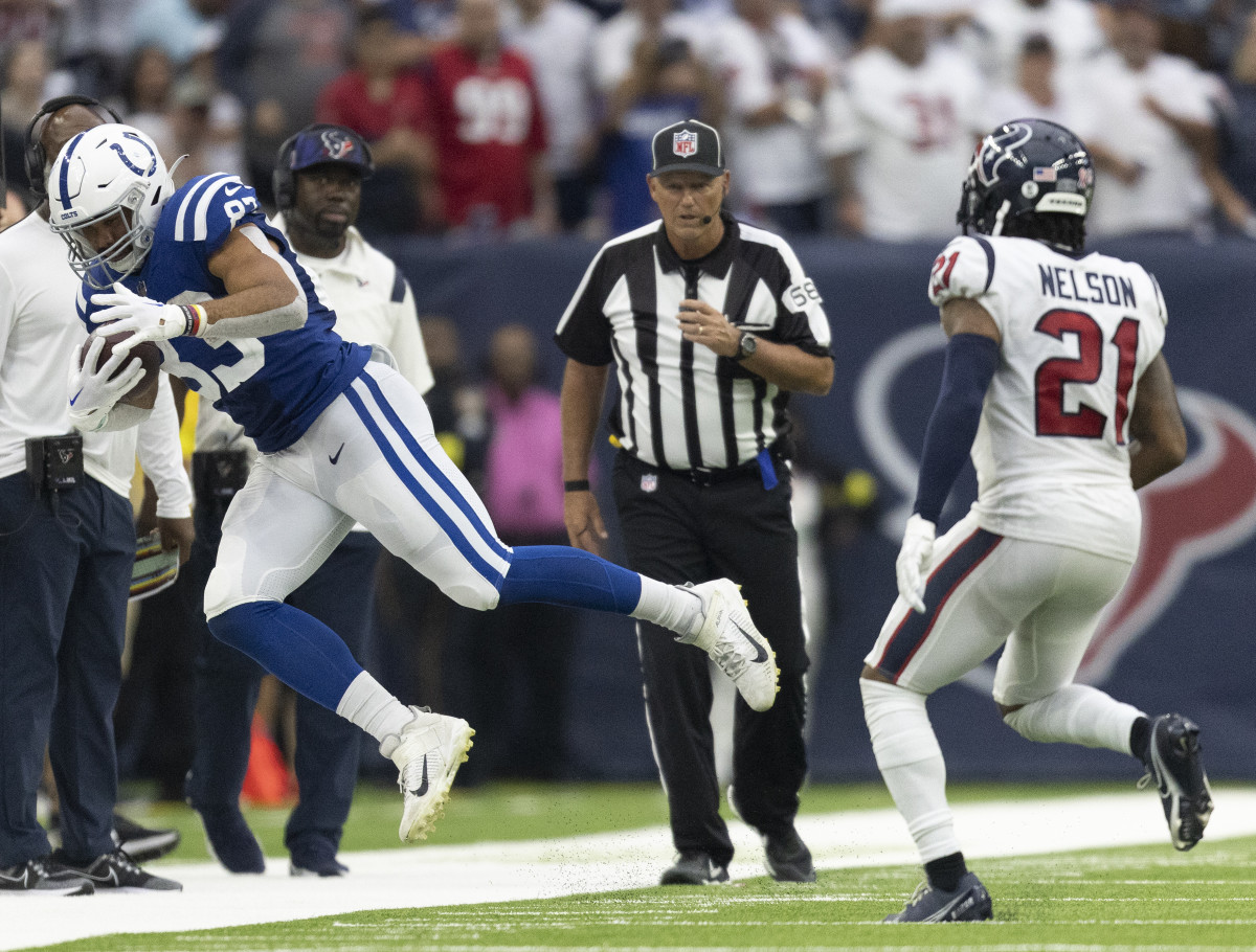 Sep 11, 2022; Houston, Texas, USA; Indianapolis Colts tight end Kylen Granson (83) catches the ball against the Houston Texans cornerback Steven Nelson (21) in the fourth quarter at NRG Stadium.