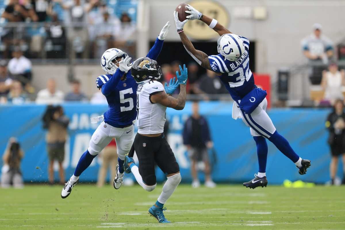 Indianapolis Colts safety Julian Blackmon (32) nearly intercepts along with cornerback Stephon Gilmore (5) against Jacksonville Jaguars wide receiver Marvin Jones Jr. (11) during the second quarter of a regular season game Sunday, Sept. 18, 2022 at TIAA Bank Field in Jacksonville.