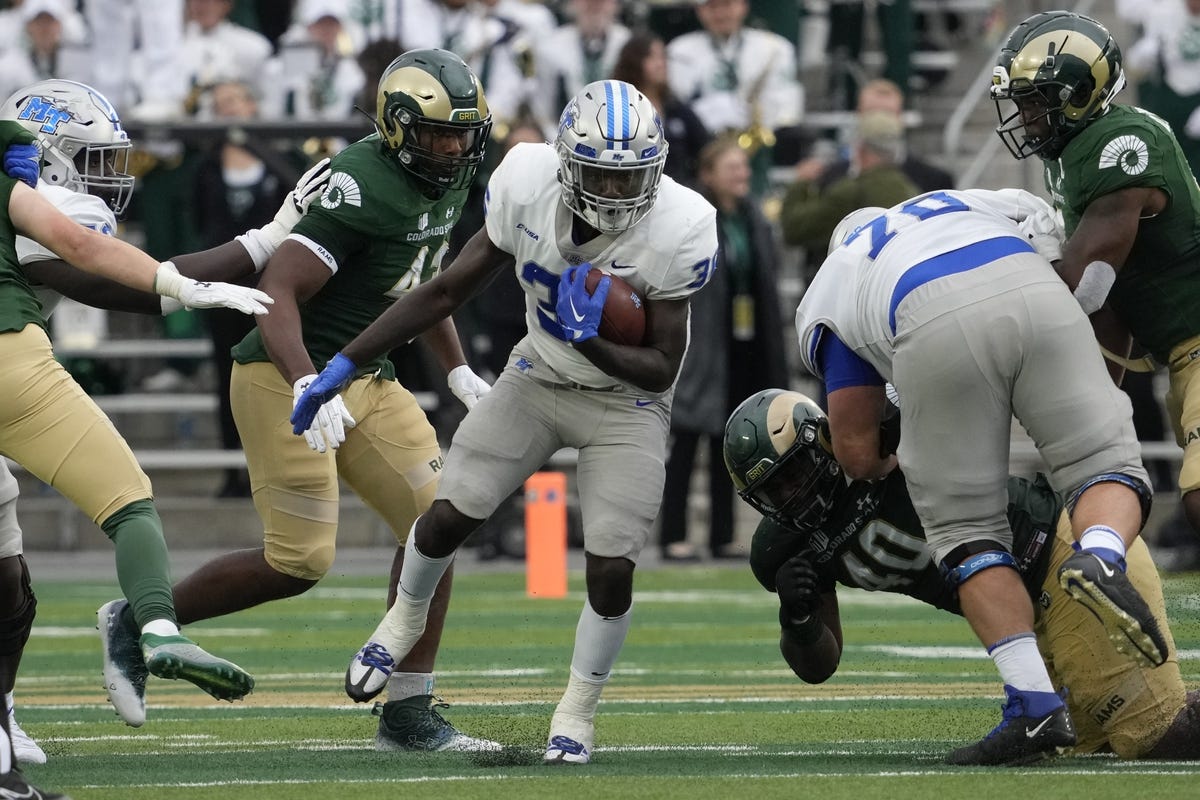 Sep 10, 2022; Fort Collins, Colorado, USA; Middle Tennessee Blue Raiders running back Frank Peasant (36) at Sonny Lubick Field at Canvas Stadium. Mandatory Credit: Michael Madrid-USA TODAY Sports
