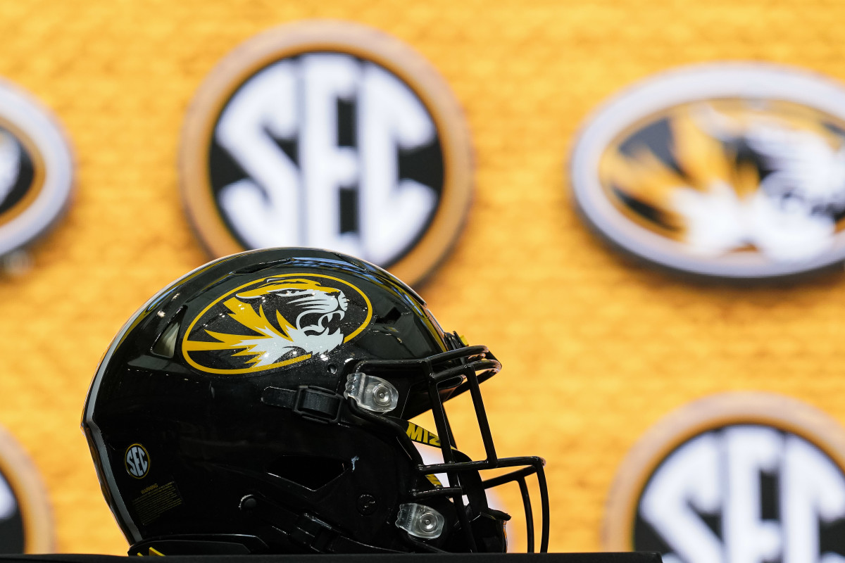 Jul 18, 2022; Atlanta, GA, USA; Missouri Tigers helmet shown on the stage during SEC Media Days at the College Football Hall of Fame. Mandatory Credit: Dale Zanine-USA TODAY Sports