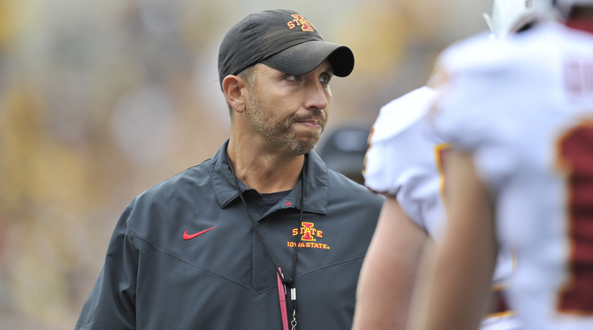 Iowa State coach Matt Campbell walks the field before the game against Iowa at Kinnick Stadium.