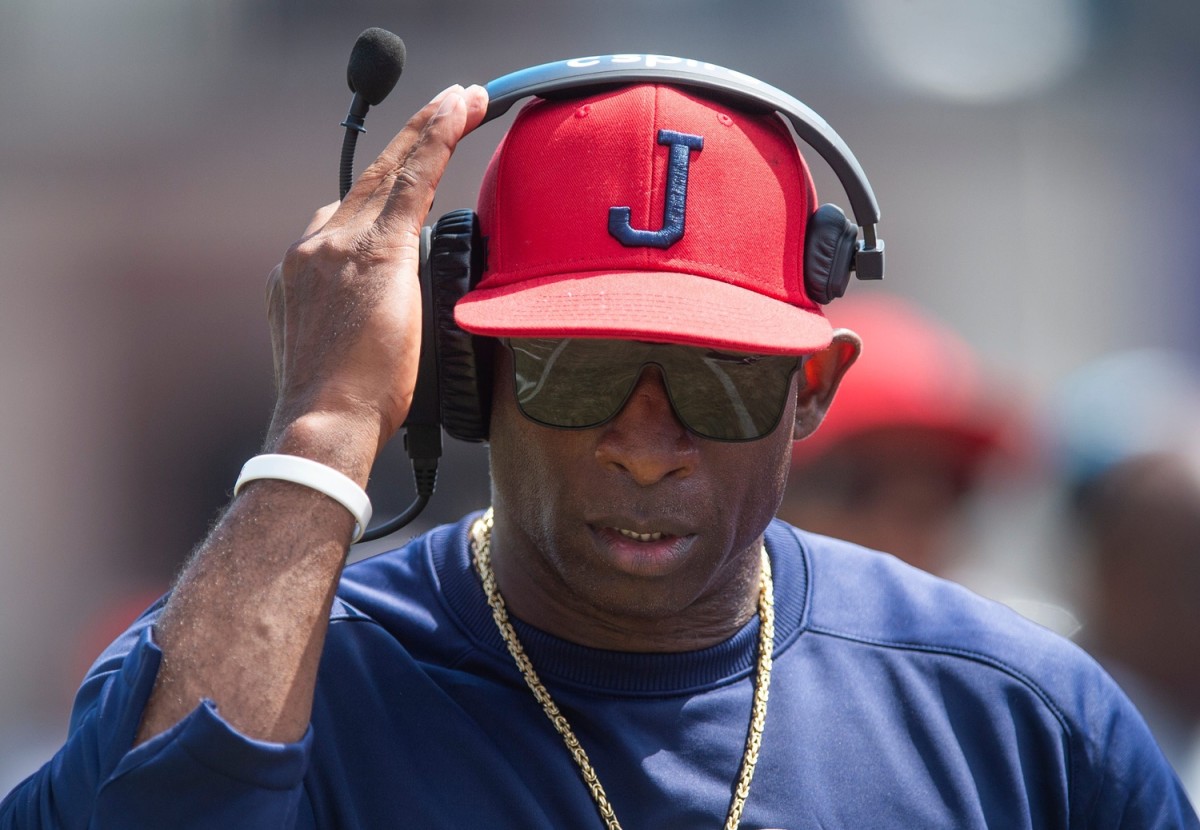 Jackson State coach Deion Sanders works the game against Grambling State during an NCAA college football game in Jackson, Miss., Saturday, Sept. 17, 2022. Tcl Grambling Jackson State