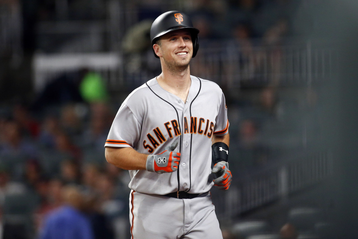SF Giants catcher Buster Posey (28) smiles after hitting a home run. (2017)