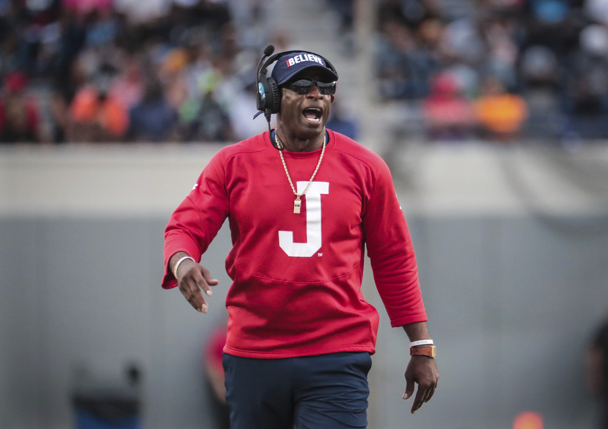 Jackson State coach Deion Sanders gets his team's attention during the Southern Heritage Classic NCAA college football game against Tennessee State, Saturday, Sept. 10, 2022. (Patrick Lantrip/Daily Memphian via AP)