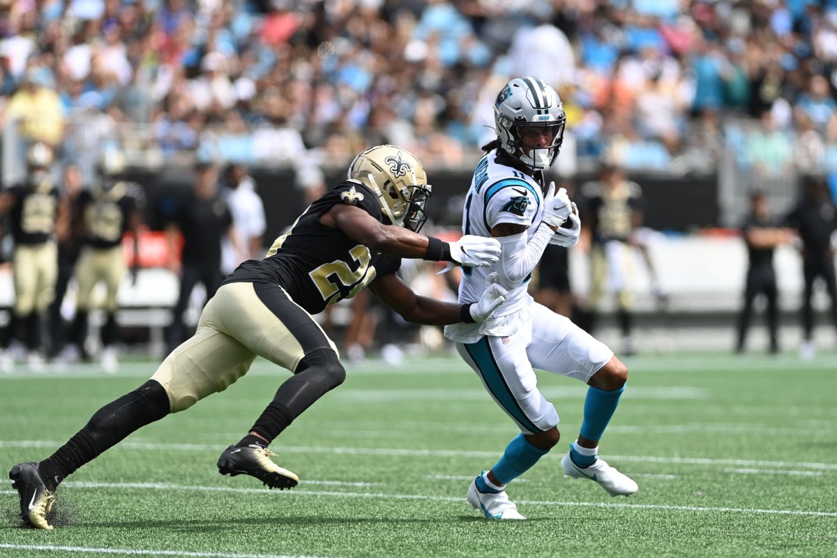 Carolina Panthers receiver Robby Anderson (11) with the ball as New Orleans Saints cornerback Paulson Adebo (29) defends. Mandatory Credit: Bob Donnan-USA TODAY Sports