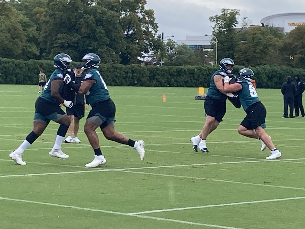 Eagles offensive linemen practice in preparation for a Week 3 matchup vs. the Washington Commanders in Landover, Md.