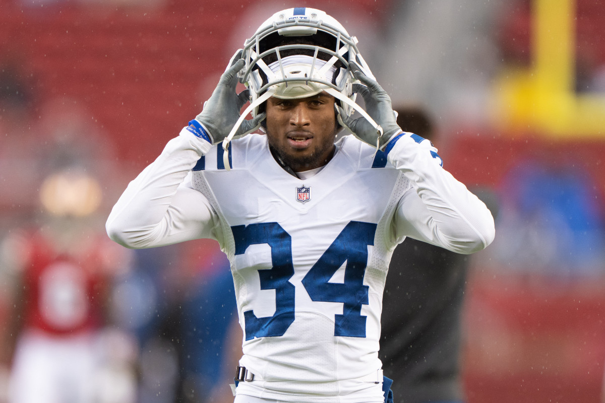 Oct 24, 2021; Santa Clara, California, USA; Indianapolis Colts cornerback Isaiah Rodgers (34) before the game against the San Francisco 49ers at Levi's Stadium.