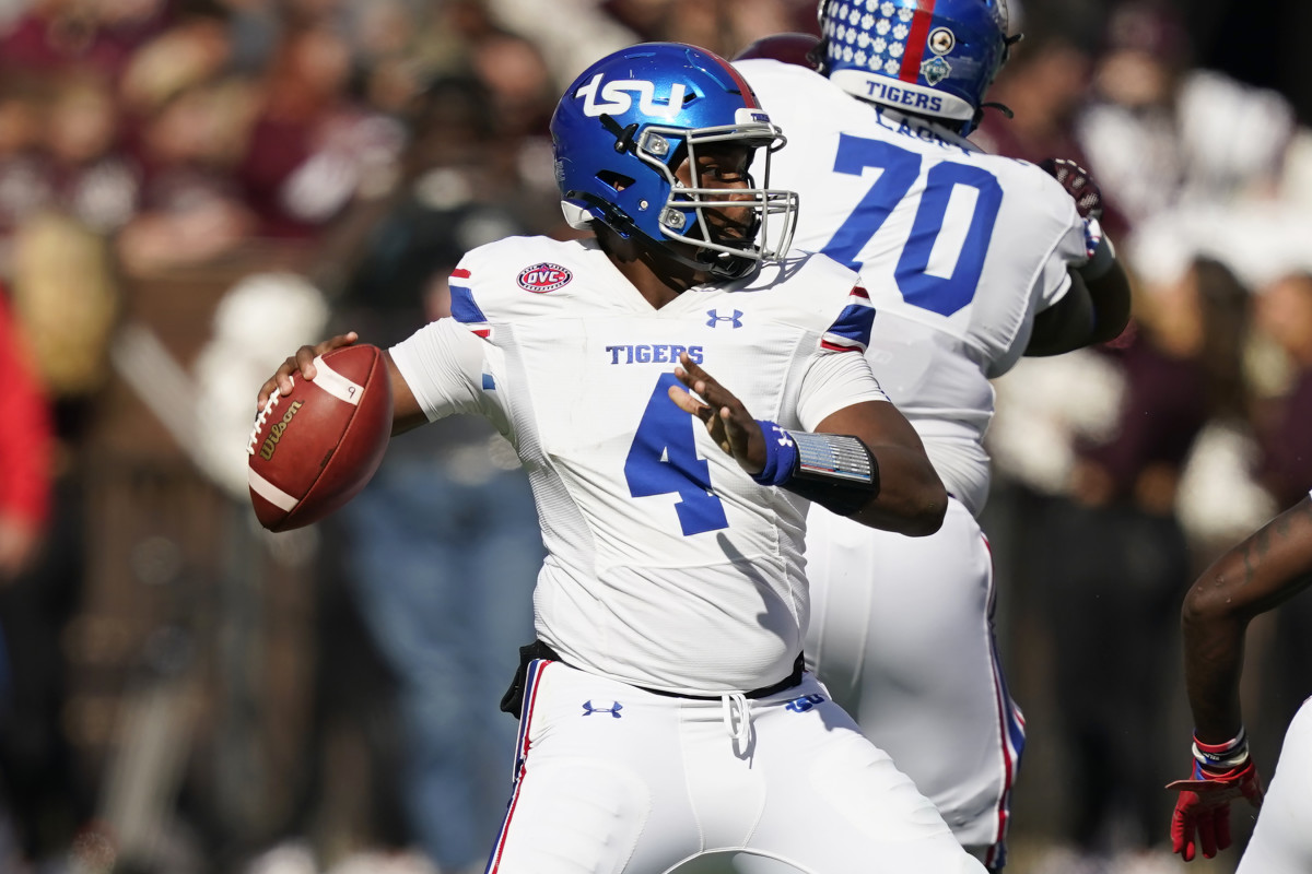 Tennessee State quarterback Chayil Garnett (4) passes for a short gain during the first half of an NCAA college football game against Mississippi State, Saturday, Nov. 20, 2021, in Starkville, Miss. Mississippi State won 55-10. (AP Photo/Rogelio V. Solis)