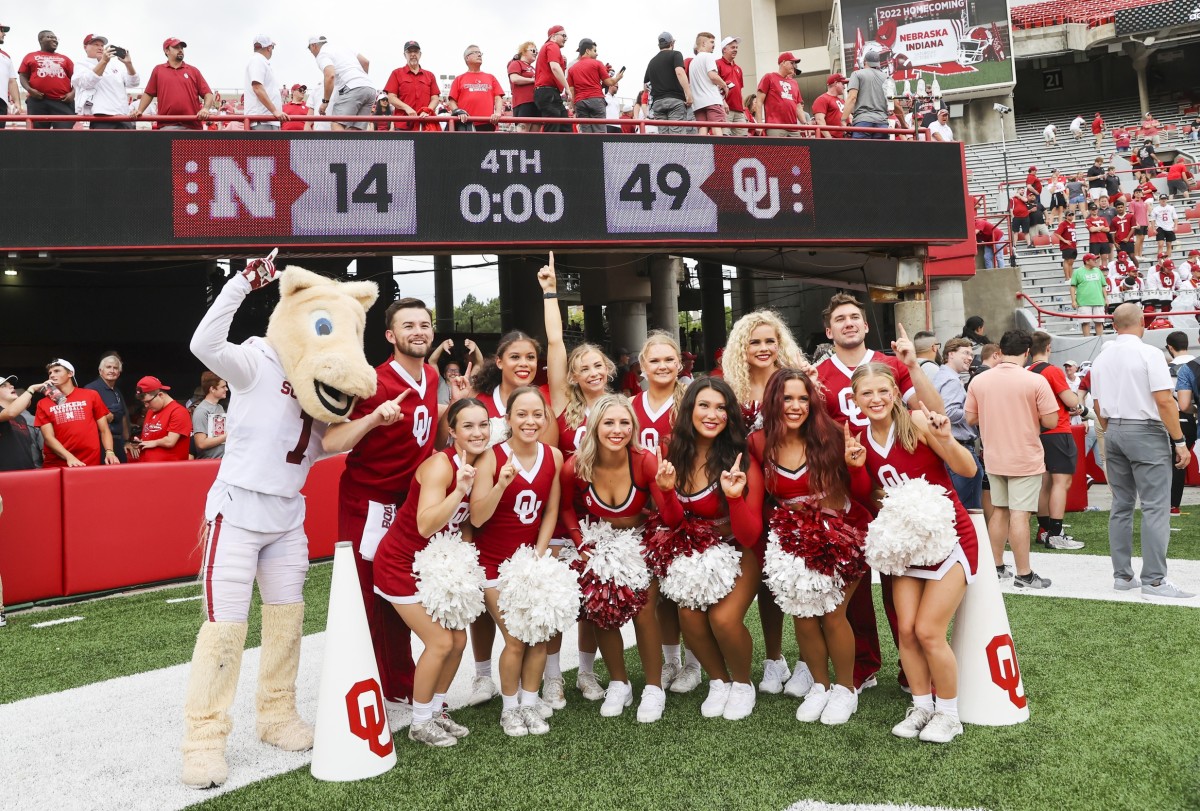 Oklahoma Sooners cheerleaders pose for a photo after the game against the Nebraska Cornhuskers at Memorial Stadium.