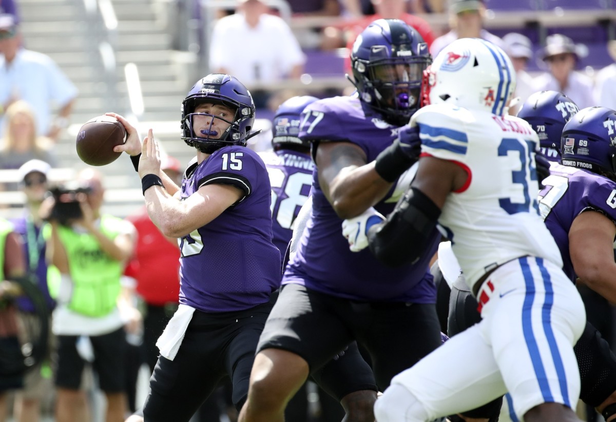 TCU Horned Frogs quarterback Max Duggan (15) throws during the first quarter against the Southern Methodist Mustangs at Amon G. Carter Stadium.