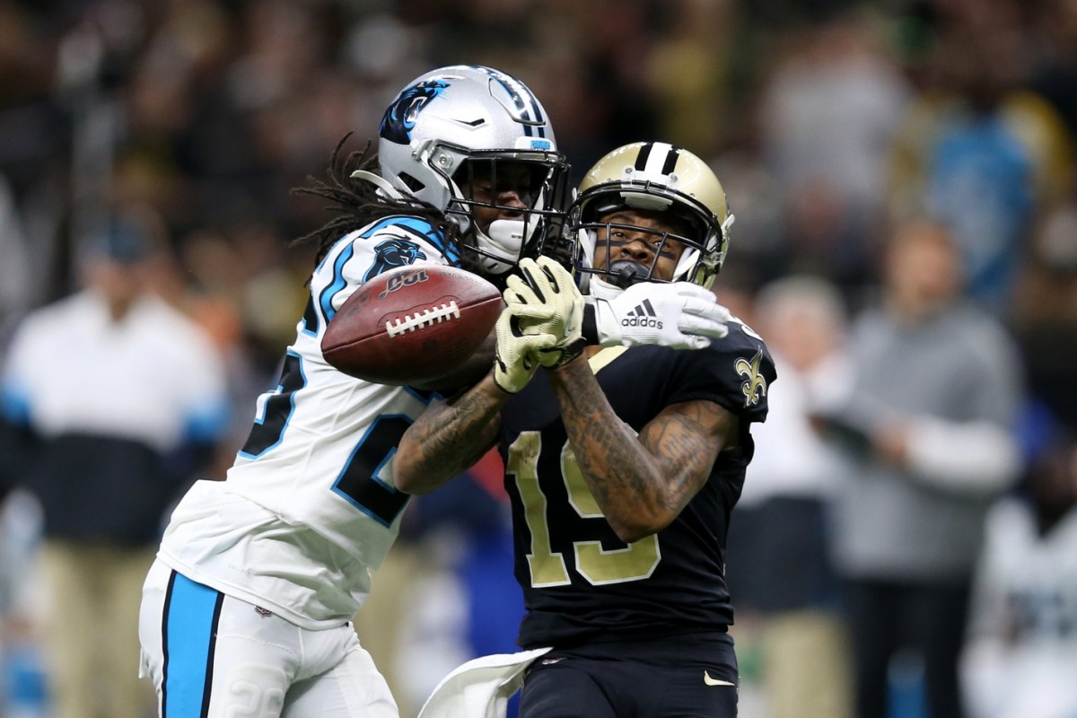 Nov 24, 2019; Carolina Panthers cornerback Donte Jackson (26) breaks up a pass against the New Orleans Saints. Mandatory Credit: Chuck Cook-USA TODAY Sports