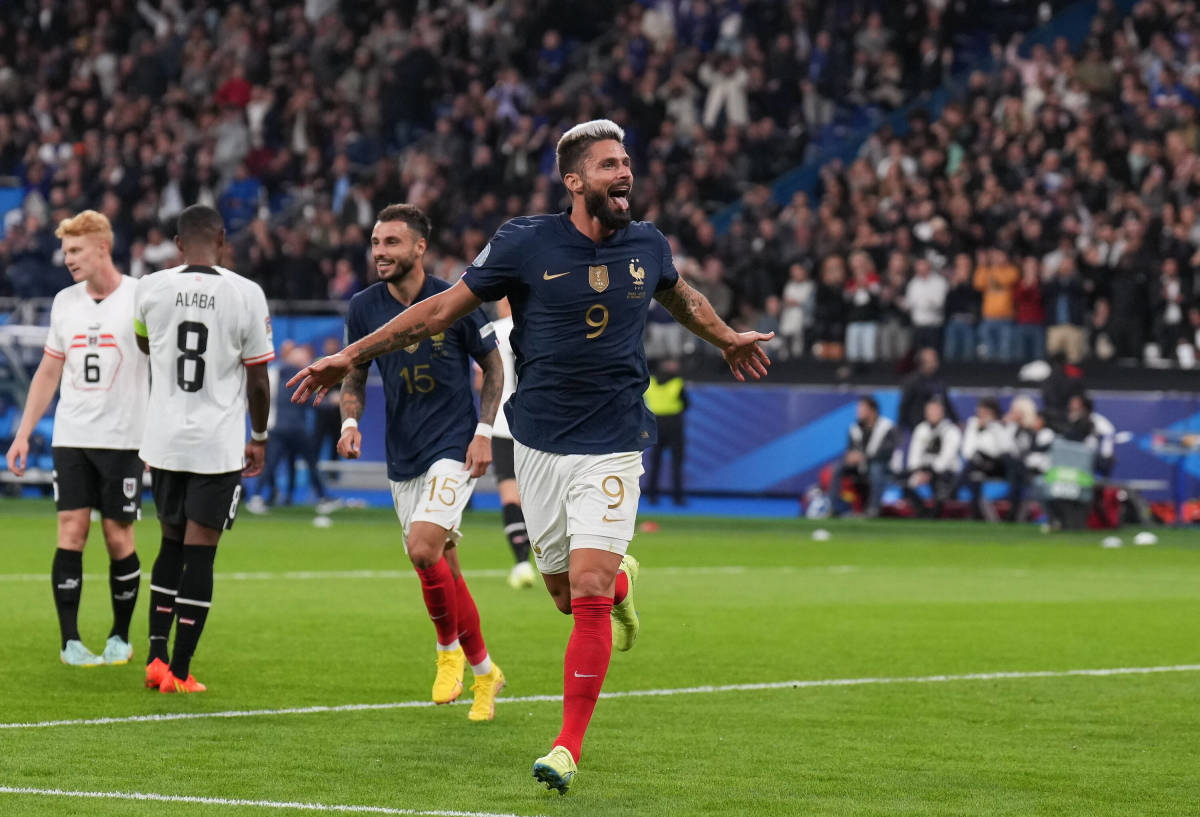 Olivier Giroud pictured celebrating after scoring for France against Austria in September 2022